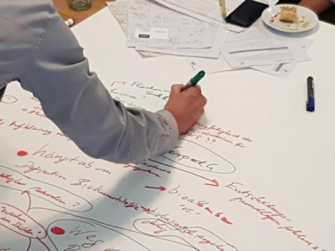 Das Foto zeigt den Ausschnitt einer im Workshop gemeinsam beschriebenen Tischdecke zum Thema Chance und Nutzen von Biokunststoff